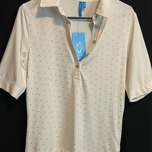 NWT MED GG Blue white Golf Shirt with gold Studs